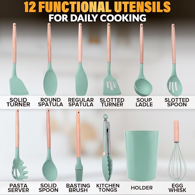 12 Pcs Kitchen Accessories Set with Holder, Silicone Heads (Light Green) | Kitchen Utensils Set for Cooking and Baking; Wooden Handles; Heat-Resistant up to 446°F; Non-Scratch for Nonstick Pans