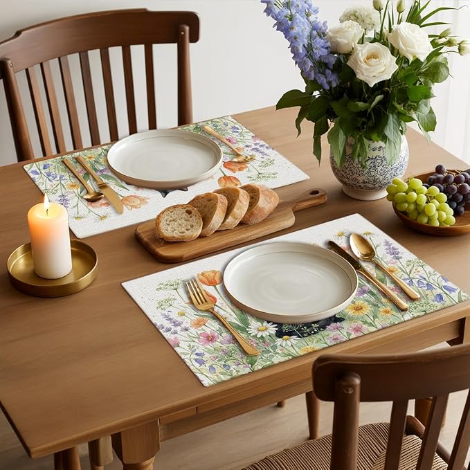 Black Cat Placemats Set of 4, Spring Floral Watercolor Table Mats | Party Kitchen Dining Decor, Washable Non-Slip Heat Resistant Linen Fabric Rectangle Place Mats, Cute Cat Lover Gifts
