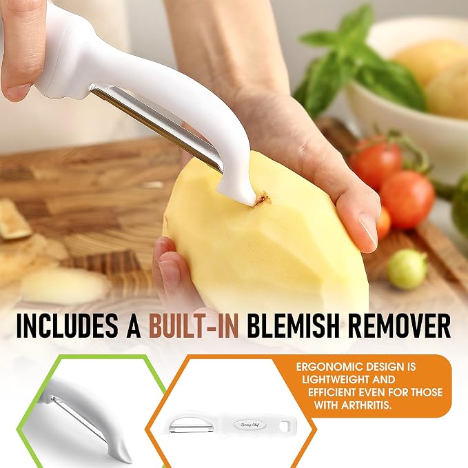 Spring Chef Swivel Potato Peeler for Kitchen with Ergonomic Handle, White | Premium Vegetable Peeler w/ Sharp Stainless Steel Blades, Multifunctional Food Peeler for Apple, Carrot, Cucumber, Fruit
