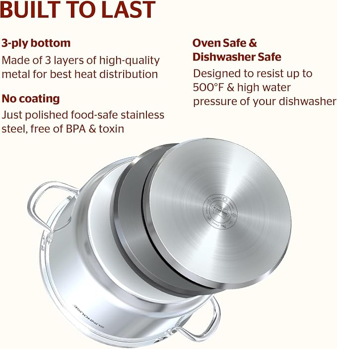 Sunhouse Stock Pot with Lid - 7 QT Large Pot for Cooking Pasta, Soup, Ollas | Impact-bonded Base Big Stainless Steel Pots for Canning, Boiling, Spaghetti - Oven Safe & Induction Compatible