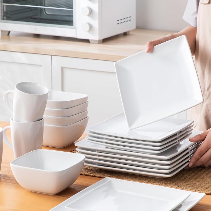 vancasso Soho Dinnerware Sets 24 Pieces, White Stoneware Square Place Setting, Dinner Plate, Dessert Plate, Cups and Plates Sets for Kitchen, Dish Set for 6, White