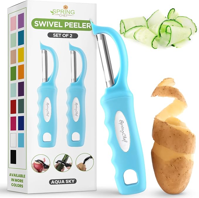 Spring Chef Swivel Potato Peeler with Soft Grip Handle, Set of 2, Aqua Sky | Premium Vegetable Peeler w/ Sharp Stainless Steel Blades, Multifunctional Food Peeler for Apple, Carrot, Cucumber, Fruit