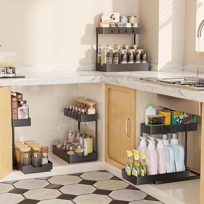 Simple Trending Under Sink Organizer 2 Pack, 2 Tier with Sliding Basket | Multi-Use Cabinet Organizer for Kitchen & Bathroom, Sink Storage Basket with 4 Hooks, L-shape, Easy Assembly, Black