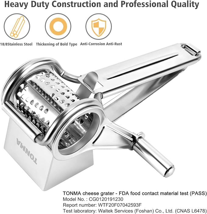 TONMA Multipurpose Rotary Cheese Grater Hand Crank | Cheese Grinder with 1 Stainless Steel Handheld Drum for Parmesan, Pecorino Romano, Mozzarella, Vegetables, Ergonomic Design