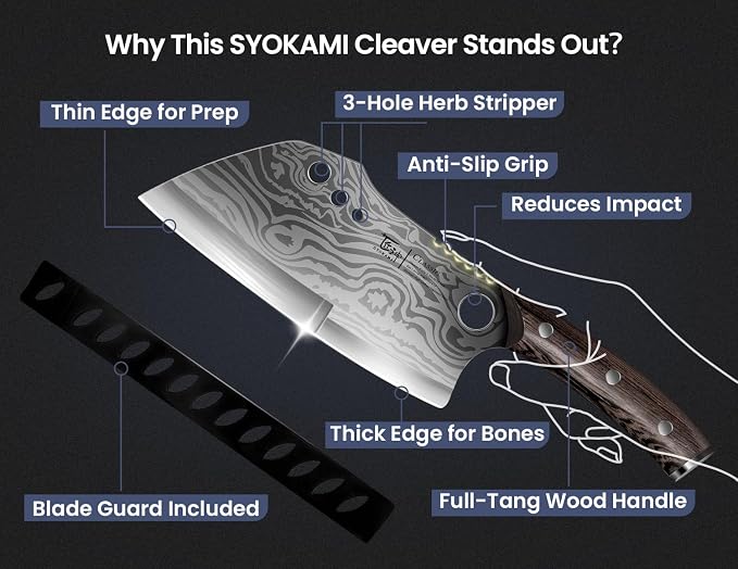 Meat Cleaver Chef Knife with Sheath, 7.7 Inch Butcher Knife | Chopping Knife with Herb Stripper, Heavy Duty Bone Cutting, Damascus Pattern Full Tang Wood Handle, Birthday Gift for Men