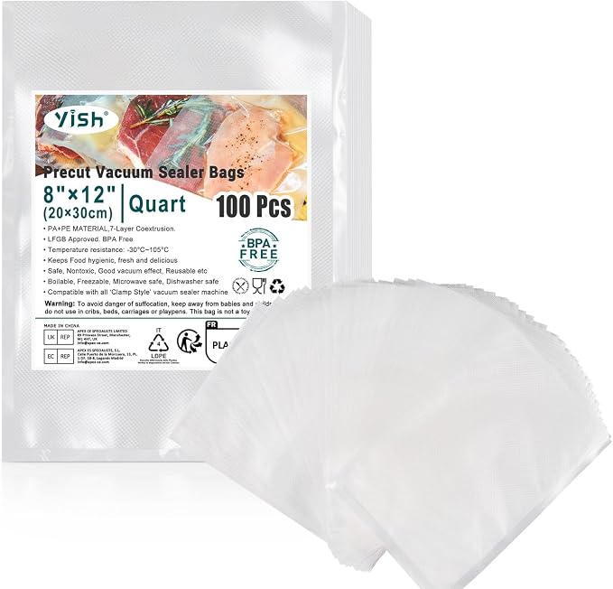 Vacuum Sealer Bags 100 Quart 8"×12" Precut Bags for Food Saver, Commercial Grade, BPA Free, Heavy Duty Food Sealing Bags for Storage, Meal Prep, Sous Vide