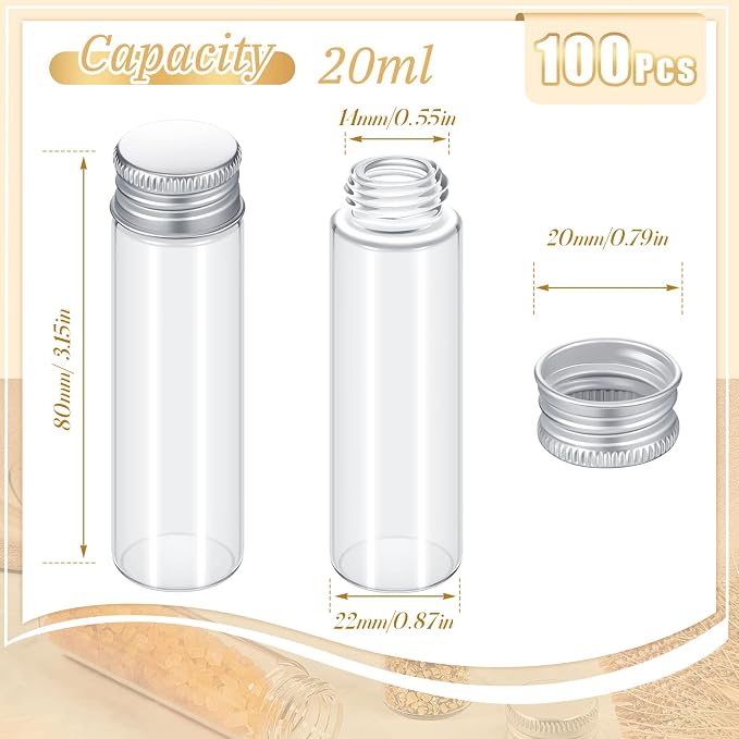 Didaey 100 Pcs Small Clear Vials Spice Mini Jars with Lids Mini Glass Bottles with Screw Aluminum Metal Caps Tiny Jars Sample Containers for Powder Cream Cosmetic Jewelry Wedding (20 ml,Silver Caps)