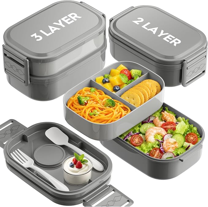 Bento Lunch Box, 65 oz 3-Tier Stackable Lunch Container, Adjustable 2/3 Tier Design, BPA-Free Food-Grade Plastic, Leakproof, Microwave & Dishwasher Safe, Gray