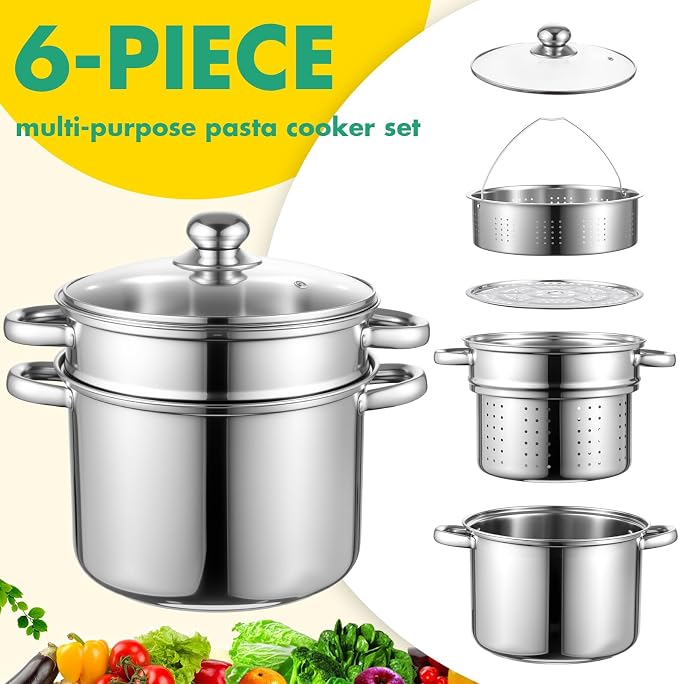 Sawysine Stainless Steel Pasta Pot 6-Piece 10 Quart Cooker Steamer Stock Pot Cookware Set Multipots with Strainer Insert for Home Kitchen