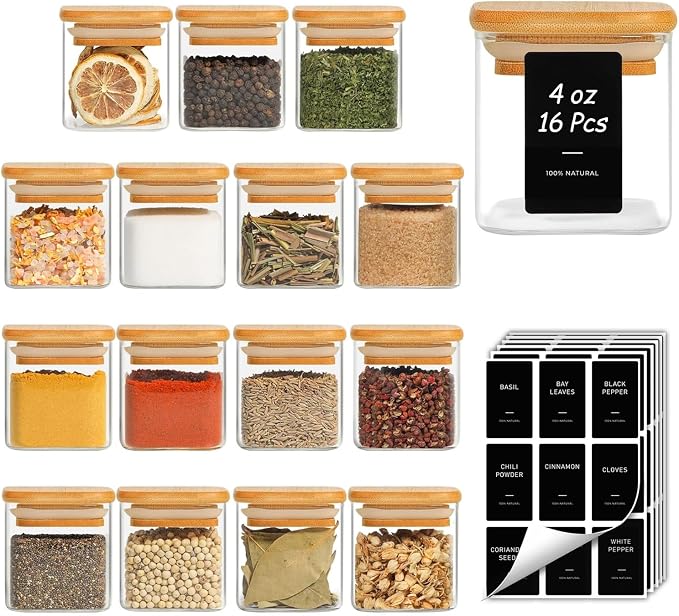ComSaf Glass Spice Jars with Labels 4 oz 16 Pack Small Square Bamboo Lids | Empty Containers, Seasoning Herbs Powders, Salt Pepper Chili, Spice Rack Organization, Kitchen Cabinet Storage, Dry Goods