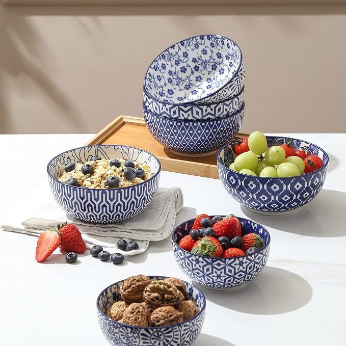 Selamica Ceramic Cereal Bowls Set of 6, 24 Oz Deep Soup Bowls for Kitchen | 5.9 Inch Dessert Bowls for Salad, Pasta, Oatmeal, Ramen, Microwave Dishwasher Safe, Vintage Blue
