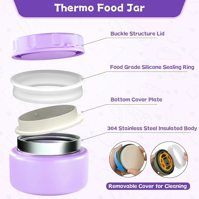 Aimsnk Lunch Box Kids with Thermo Insulated Lunch Bag for School, Purple | Bento Lunch Box for Kids with 8oz Food Jar, Leak Proof Hot Lunch Containers with 4 Compartment, Warm Lunchbox for Toddler