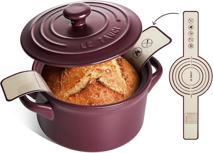 LE TAUCI 3 QT Ceramic Bread Baker with Lid for Sourdough, Covered Bread Baking Pot with Natural Steam Retention, Oven Safe to 500°F, Silicone Bread Sling Included, Purple
