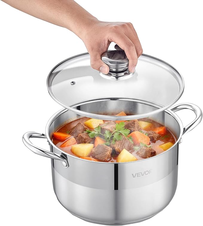 VEVOR Stainless Steel Stock Pot, 8QT Stainless Steel Stockpot with Glass Lid, PFOA-Free, PFAS-Free, Compatible with Gas Stoves, Induction Cooktops, Electric Stoves, for Soups, Stews, and Pasta