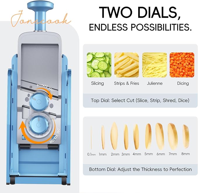 7-in-1 Safe Mandoline Slicer for Kitchen, Vegetable Slicer with Container | Adjustable Veggie Chopper Cutter, Upgraded Tray & Stainless Steel Grater & Basket & Lid & Cleaning Brush (Blue Pro)
