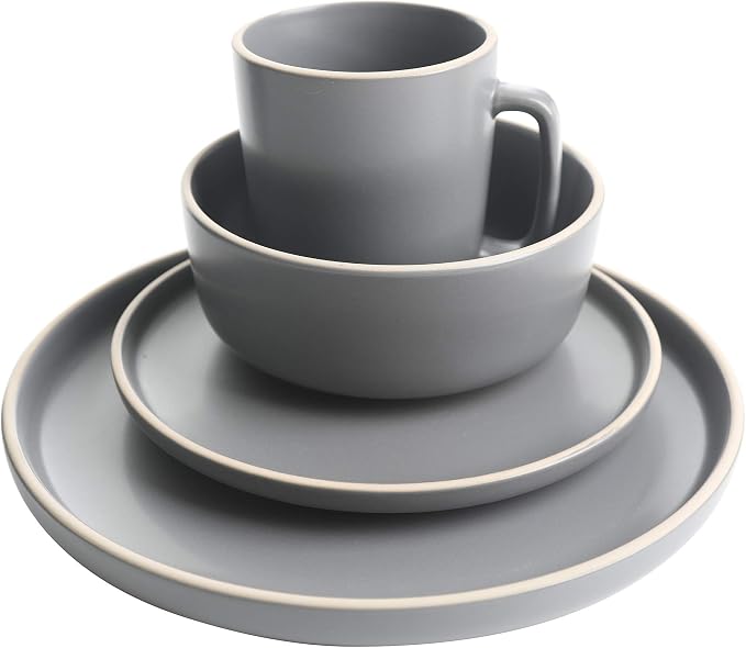 Gibson Home Zuma 16 Piece Round Kitchen Dinnerware Set, Dishes, Plates, Bowls, Mugs, Service for 4, Matte Stoneware, Grey, Gray