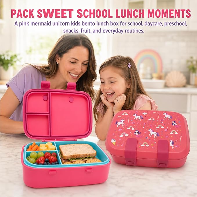 MISS BIG Microwave Safe Bento Box for Kids, Pink Mermaid Unicorn, 800ml | Kids lunch box with 3 compartments for preschool, daycare, school meals, snacks, and everyday kid portions