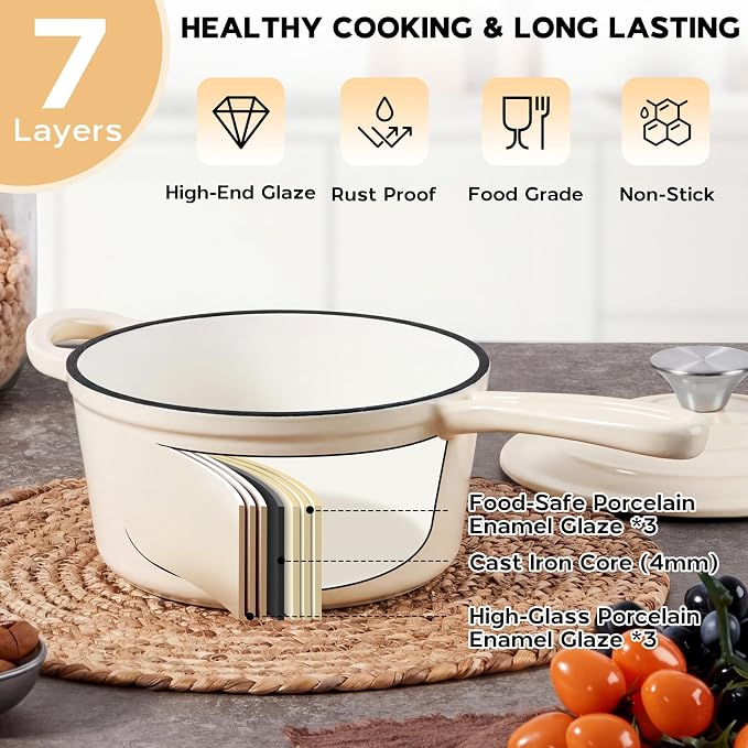 Onader 2QT Saucepan with Lid, Enameled Cast Iron Sauce Pan Pot, Small Dutch Oven Cooking Kitchen Pot, Nonstick & Heavy Duty – Cream White