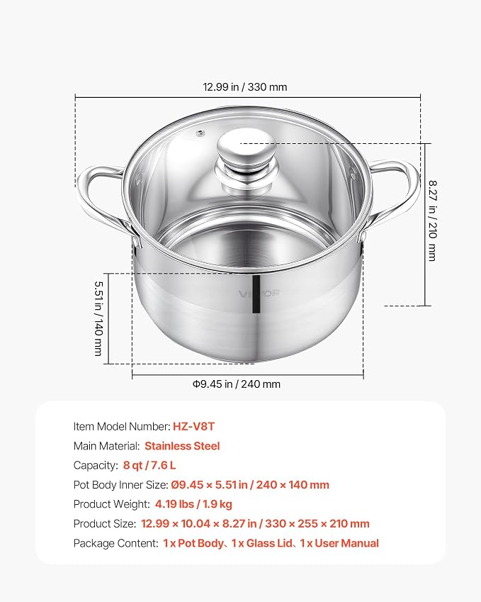 VEVOR Stainless Steel Stock Pot, 8QT Stainless Steel Stockpot with Glass Lid, PFOA-Free, PFAS-Free, Compatible with Gas Stoves, Induction Cooktops, Electric Stoves, for Soups, Stews, and Pasta