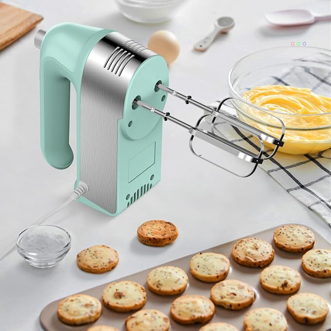 Hand Mixer Electric, 450W Kitchen Mixers with Scale Cup Storage Case, Turbo Boost/Self-Control Speed + 5 Speed + Eject Button + 5 Stainless Steel Accessories, For Easy Whipping Dough, Cream, Green