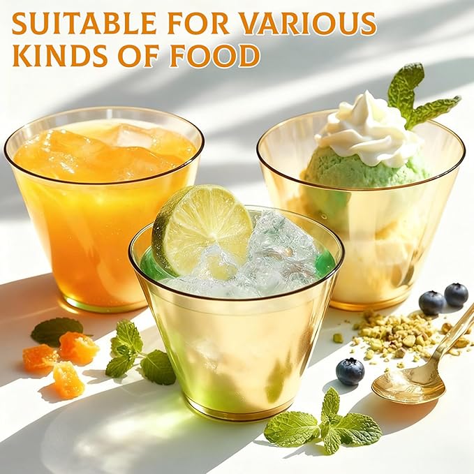 Glowserve 9 OZ Gold Disposable Plastic Cups Cocktail Cup 50 Pack | Fancy Cocktail Cup,Stemless Wine Glass,Wedding Wine Glasses,Graduation Birthday,World Cup,Party Essentials