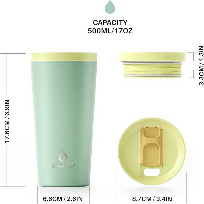 Ideus 17 oz Travel Coffee Mug, Double Wall Vacuum Stainless Steel Insulated Coffee Tumbler With Lid, Splash-Proof & Cup Holder Friendly, Keeps Drinks Hot/Cold, Dishwasher Safe, Mint Green