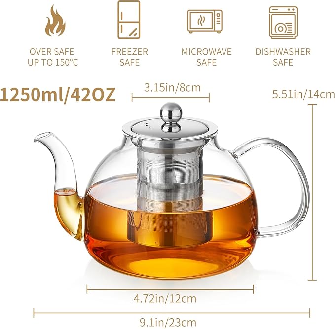 DOPUDO 42OZ (1250ML) Glass Teapot with Infuser Stovetop Safe, Clear Glass Tea Pot Kettle, Borosilicate Tea Pot with Infusers Filter for Loose Tea, Tea Kettle Dishwasher Safe