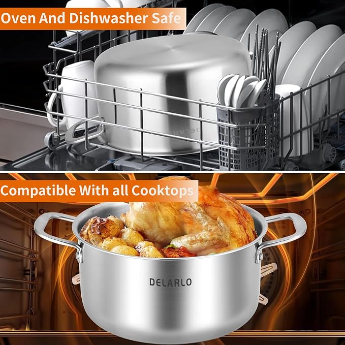 DELARLO Tri-ply Stainless Steel 6 Quart Heavy Duty Induction Stock Pot | Full Clad Stainless Steel Induction Ready 18/10 Heavy Duty Durable Suitable for All Stove Up to 600℉