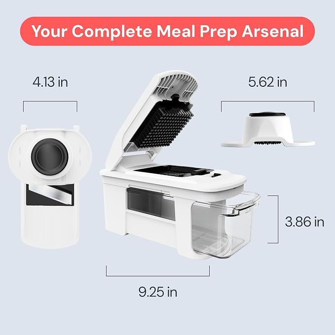 Fullstar Pro XL Vegetable Chopper & Mandoline Slicer w Pull-Out Catch Tray | 8 in 1 Veggie, Onion & Fruit Slicer, Dicer & Grater with Sharp Stainless Steel Blades - XL Food Prep Set (White)
