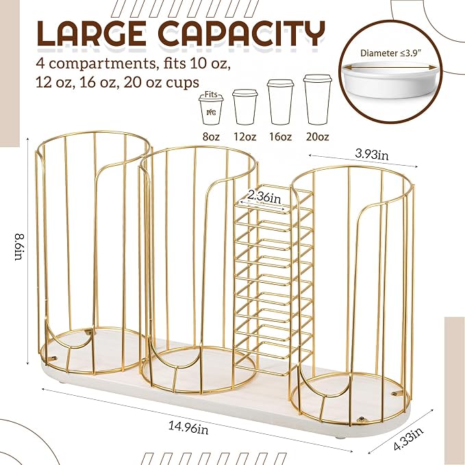18oz Adjustable Coffee Cup Dispenser with Wooden Base, Cup and Lid Holder, Cups Holder Organizer for Coffee Pod Straw and Lid Storage(4-compartment Single,Color 4)