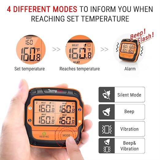 TempPro TempSync 1000FT Wireless Meat Thermometer for Grill with 4 Probes | RF Technology, Alarms, Large Digital Backlit Display, Stainless Steel Probe, Smoker, BBQ, Grill Cooking Gift