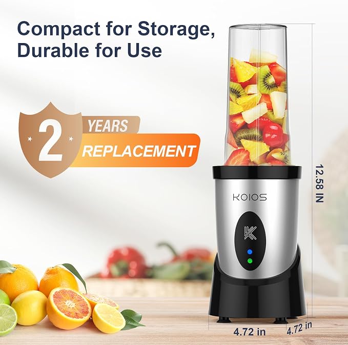 KOIOS Smoothie Blender, 900W Personal Blender for Shakes and Smoothies for Kitchen with 2 Portable Cups 22oz, Single Serve Smoothies Maker Mixer for Juices, Nutritious Recipe, Silver