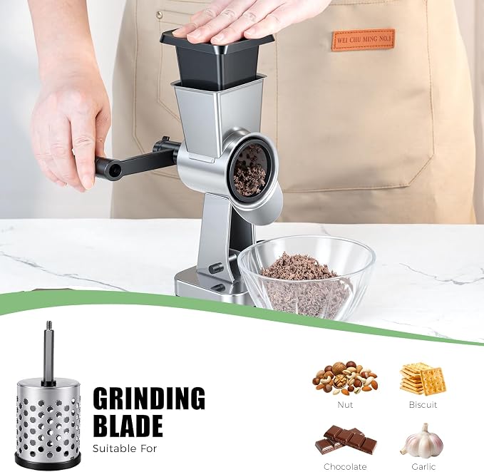 Rotary Cheese Grater Stainless Steel Manual Cheese Shredder Grater Walnuts Grinder with 3 Interchangeable Drum Blades for Chocolate, Cheese and Nuts