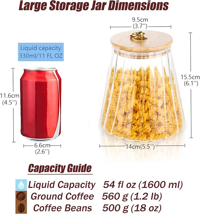 Glass Coffee Nuts Canister, Airtight Jar Bamboo Lid 54 FL OZ, Large Conical | Sealed Kitchen Storage Jar, 700ml Petal Ribs Design Decorative Candy Coffee Container, Gold Metal Handle, Easy to Grasp