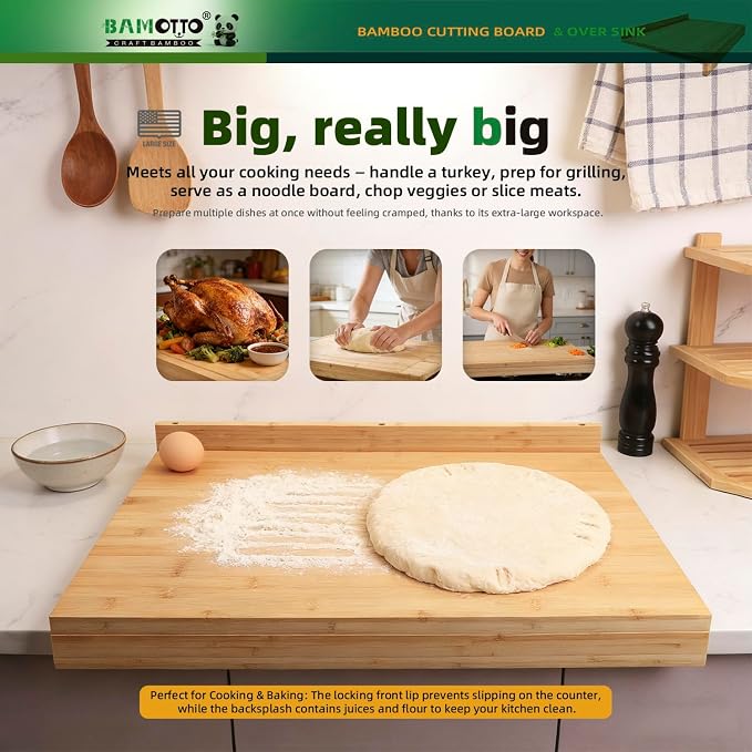 BAMOTTO CRAFTBAMBOO Extra Large Bamboo Cutting Board Noodle Board 24"x18" | Detachable Front Lip & Backsplash | Double-Sided Juice Grooves | Sink Cover | Stove Cover | Carving Board | Natural Bamboo