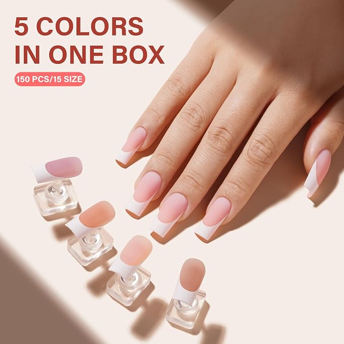 AILLSA French Tip Nails Press On Nails 5 Colors For Nail Art DIY Extension | French Tip Press On Nails Long Square No Need to File 3 in 1 Acrylic False Nails Gifts For Women 15 Sizes 150 Pcs