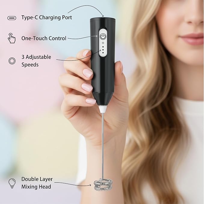 Puraville Rechargeable Electric Milk Frother Handheld, Black | 3 Speeds Electric Whisk Drink Mixer, Type-C Charging BPA Free for Coffee, Latte, Cappuccino, Egg,Cream