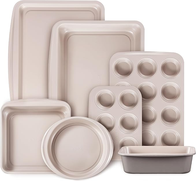 CAROTE 7-Piece Baking Pans Set, Nonstick Bakeware Sets, Gray & Khaki | Cookie Sheets, Muffin, Bread, Cake, Loaf, Roasting Pan, Easy-Release, Oven Safe Up to 446°F, PFAS-Free, Stackable, Home, Gift