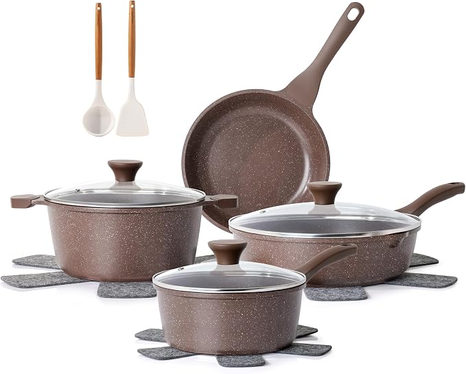SENSARTE Nonstick Cookware Set 13 Pcs, Healthy Pots and Pans Set | Induction Cookware Set, Kitchen Cooking Set with Stay-Cool Handles, Silicone Utensils and Pot Protectors, PFOA Free, Brown