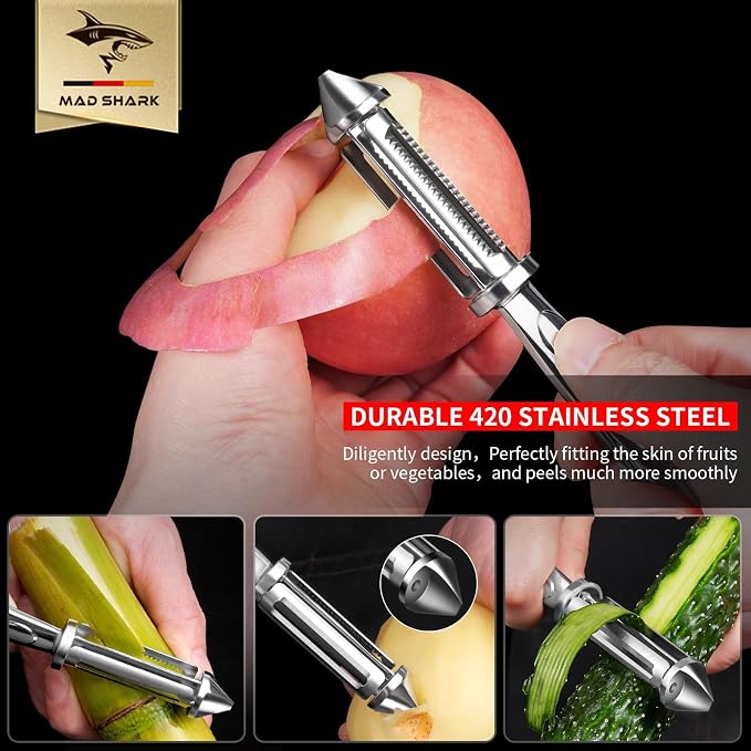 MAD SHARK Potato Peelers, Vegetable Peeler, Flat Serrated Blade 2 in 1-I Shaped Stainless Steel Peelers, Orange Peeler for Kitchen, Veggie, Fruit, Garlic, Carrot, Apple Peeling