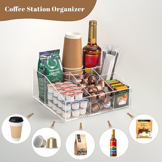 BEYGORM Acrylic Coffee Bar Station Organizer for Countertop | Coffee Gift for Coffee Lovers, Office Breakroom Storage Holder for Kcup Pod, Condiment, Cup, Tea, Creamer, Syrup (Clear)