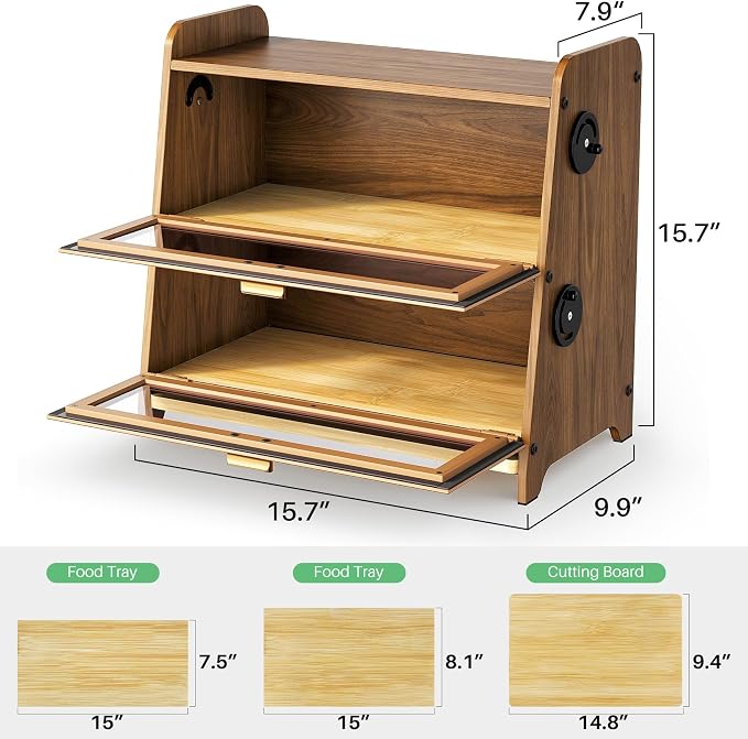 SNTD 2 Tier Bread Box for Kitchen Countertop, Adjustable Ventilation, Brown | Bamboo Cutting Board, Airtight Design, See-Through Magnetic Door, Bread Storage Container for Homemade Bread, Multi-purpose