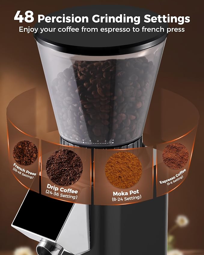 Tuni G1 40mm Conical Burr Coffee Grinder with 48 Grind Settings, Black | Anti-static Burr Mill, Precision Electronic Timer & LED Touchscreen for Espresso/Drip/Cold Brew/French Press, Stainless Steel