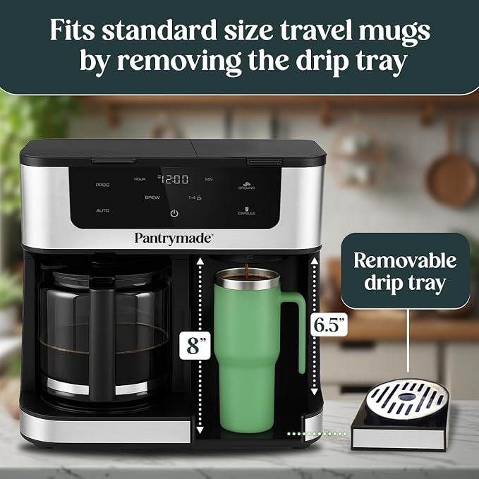 Pantrymade Dual Brew Coffee Maker, 12-Cup Drip & Single Serve K-Cup, Black | Brew a full 12-cup carafe or a single K-Cup pod with programmable touchscreen controls, auto shut-off and reusable filter.