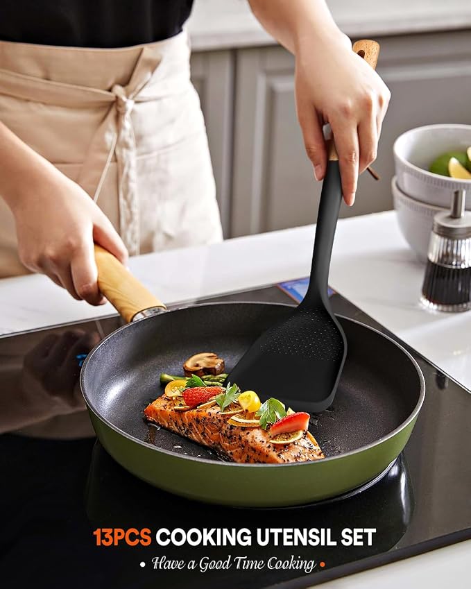 13PCS Silicone Kitchen Utensils Set for Nonstick Cookware, Black | Food Grade, Heat Resistant Kitchen Utensil Spatula Set, Wooden Handles Kitchen Gadgets Tools Set