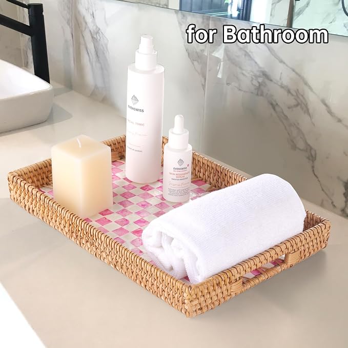 Rectangle Rattan Tray with Mother of Pearl Inlay, Rattan Serving Tray with Handle for Coffee, Bread, Fruits, Decorative Wicker Tray for Table Decor (Rectangle Pink Checkerboard, 13"×9")