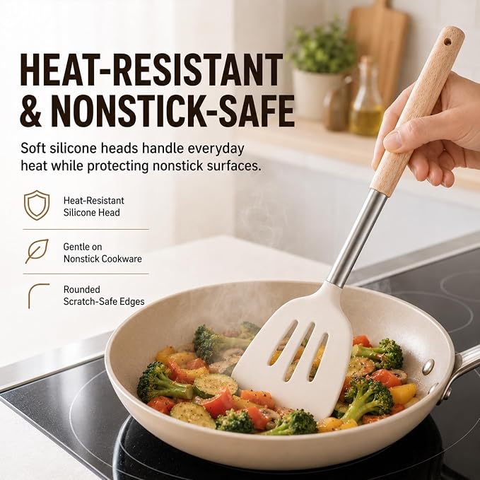 Silicone Kitchen Utensils Set, 9 Pcs Full-Size Non-Toxic Cooking Utensils with Wooden Handles & Stainless Steel Core, Heat Resistant Food Grade Kitchen Gadgets for Nonstick Cookware