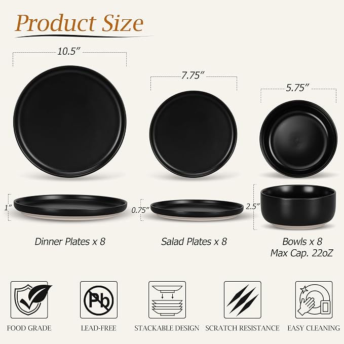 LIANYU Plates and Bowls Sets for 8, 24 Piece Stoneware Dinnerware Set, Porcelain Dishware for Kitchen and Dining, Microwave Oven Dishwasher Safe, High temperature & Scratch Resistant, Matte Black