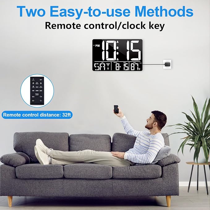 PERSUPER 13" Digital Wall Clock Large Display with Remote, Temp & Timer | Auto Dimming, 12/24H, DST, Calendar, 25 Ringtones, for Living Room, Kitchen, Bedroom, Office & Elderly
