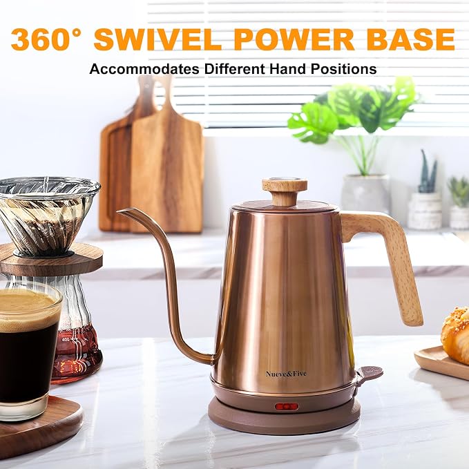 Nueve&Five Electric Gooseneck Kettle with Thermometer, 1.0L Pour Over Hot Water Kettle for Coffee and Tea, 1000W, Auto Shutoff, Boil-Dry Protection,Copper